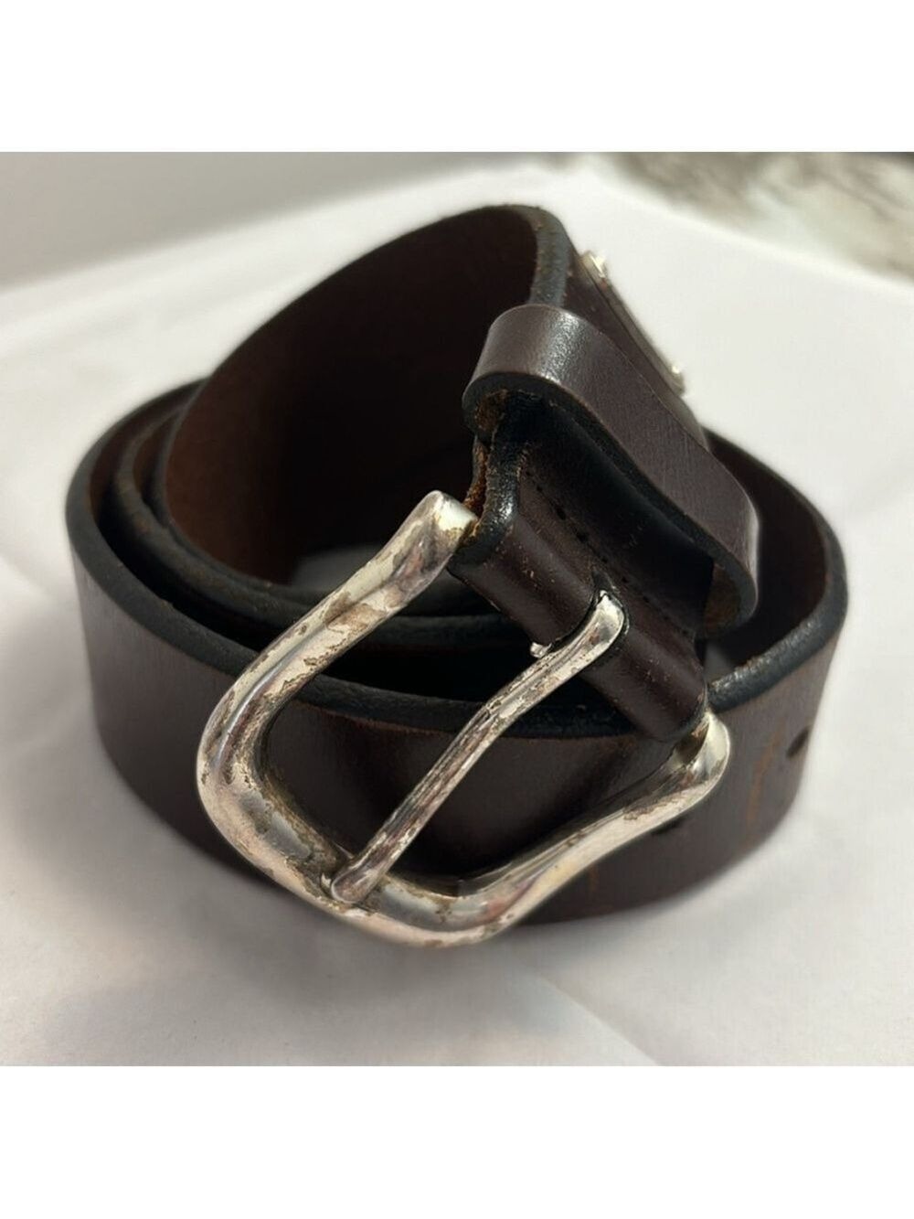 FOSSIL vintage brown leather belt brushed silver tone metal buckle sz 34 unisex